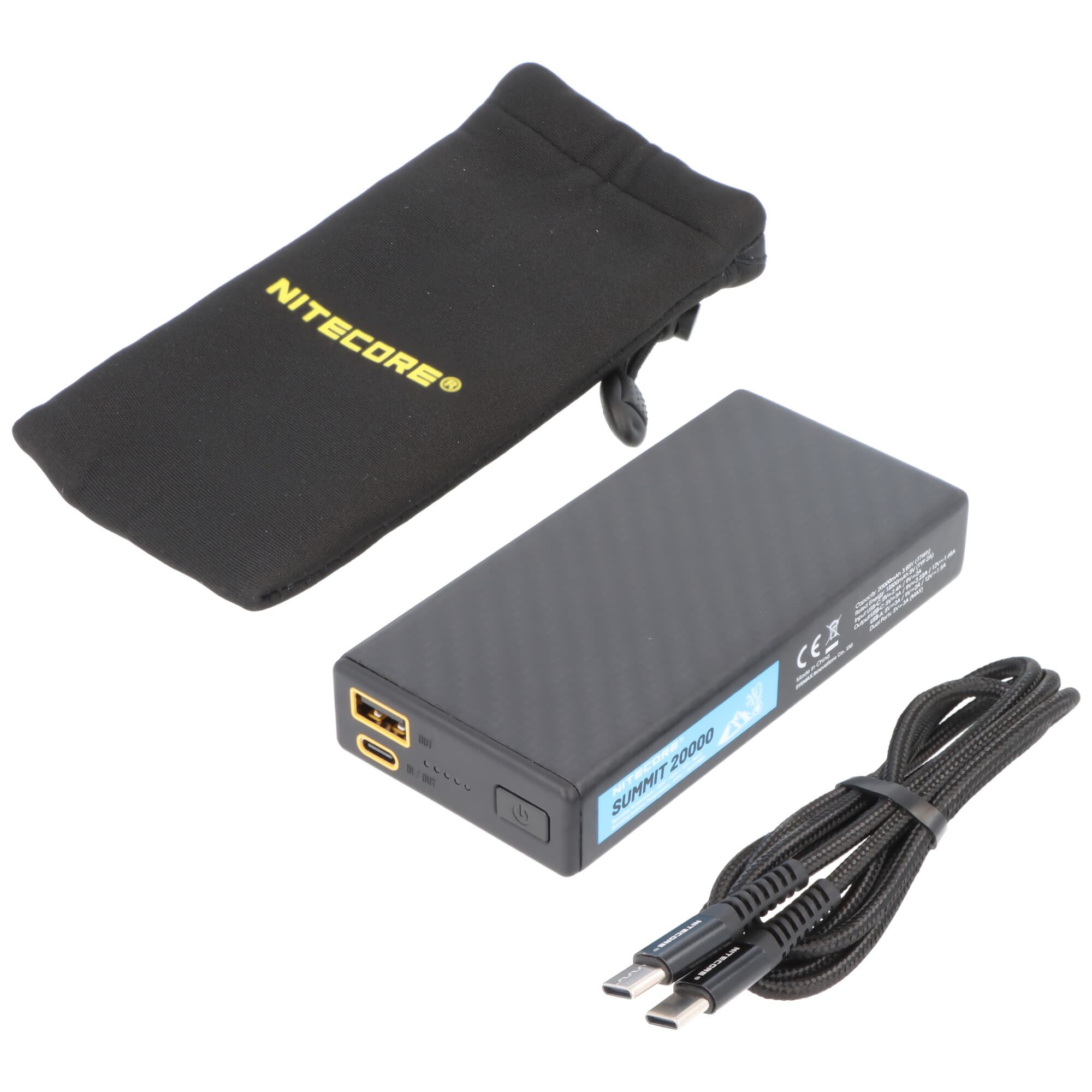 Powerbank Nitecore SUMMIT20000, capacité de 20 000 mAh, résistant au froid jusqu'à -40°C, fonction de chauffage intégrée, boîtier en carbone