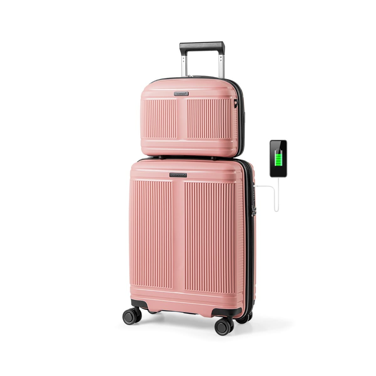 CostwayEnsemble de Bagages 2 Pièces Valise Cabine 50 CM et Trousse à Cosmétiques 35 CM Bagage à Coque en PP avec Serrure TSA Port USB Rose
