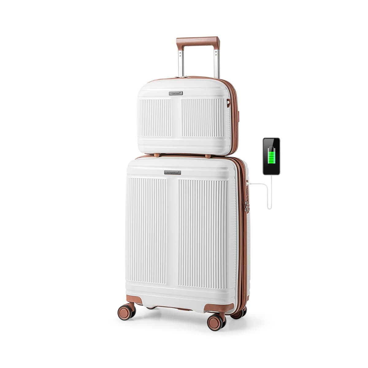 CostwayEnsemble de Bagages 2 Pièces Valise Cabine 50 CM et Trousse à Cosmétiques 35 CM Bagage à Coque en PP avec Serrure TSA Port USB Blanc