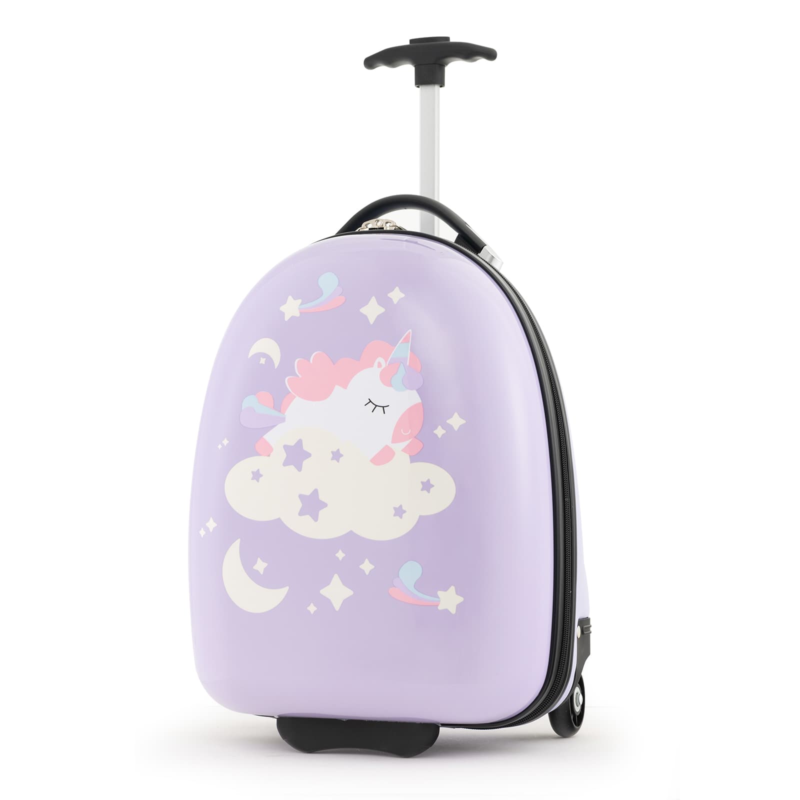 CostwayValise Enfants à Roulettes 16’’ avec Coque Rigide Bagage Enfants avec Poignée en Aluminium à 2 Niveaux Motif Vifs Violet