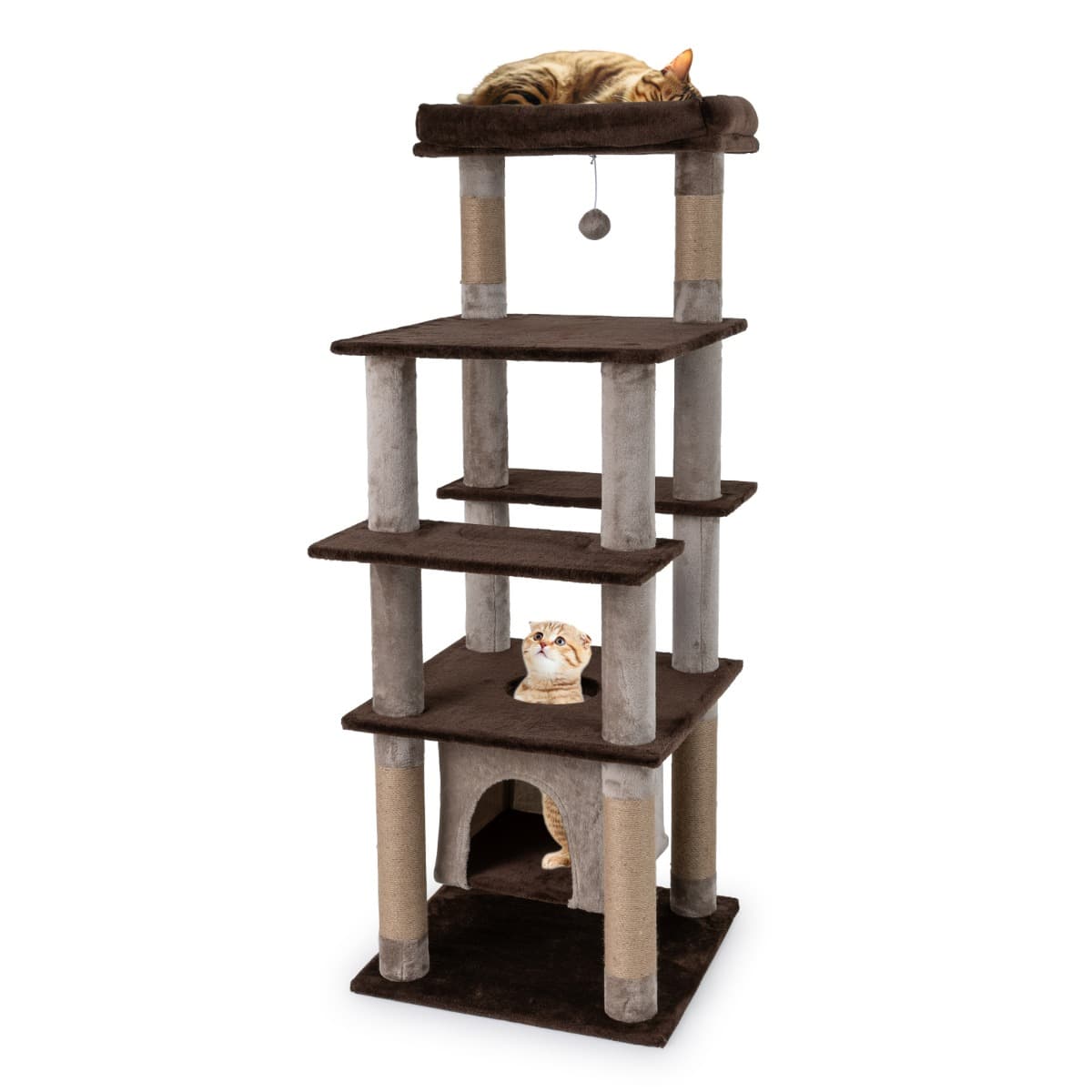 CostwayGrand Arbre à Chat Multi-niveaux Tour pour Chat 148 cm avec Condo Aérien Oscillant Perchoir Douillet en Peluche Griffoirs Marron